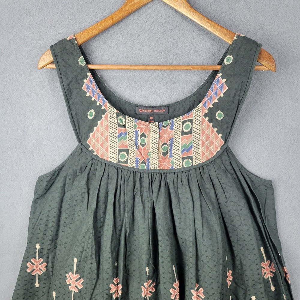 Kate Moss Topshop Sun Dress Women 12 Black Aztec Print Cotton Pleated Round Neck - Picture 3 of 8